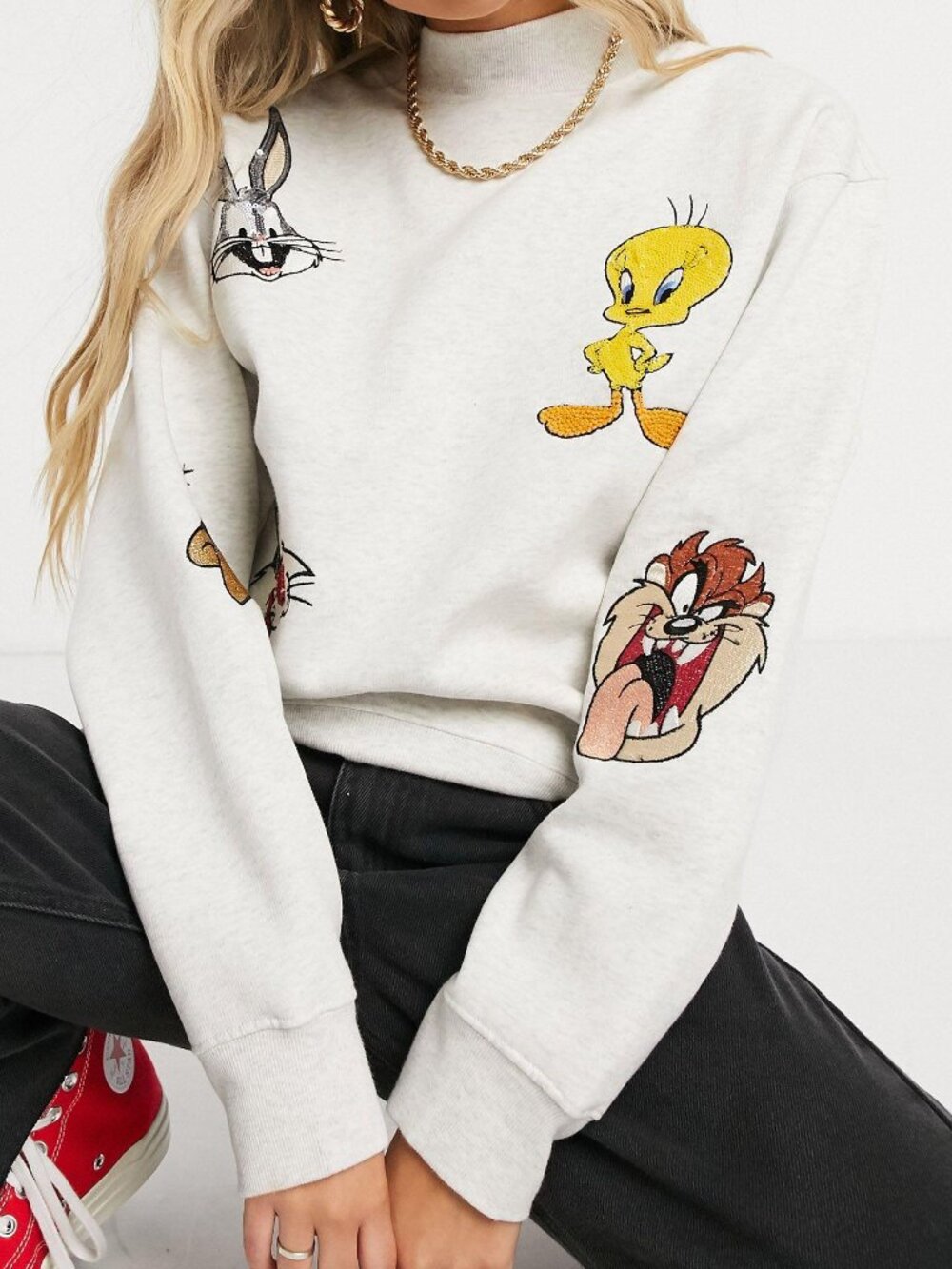 Tommy Jeans x Looney Tunes‎ Mock Neck Sweatshirt Grey Embroidered Sequin L